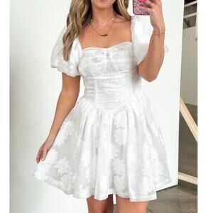 Unexpected Invite Puff Sleeve Jacquard Dress White Medium Bridal Feminine Flirty